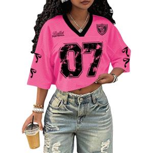 image:imageJersey Shirts for Women Number Print V Neck Mesh Cropped Jersey Y2k Oversized Tshirts StreetwearHot Pink
