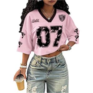 image:imageJersey Shirts for Women Number Print V Neck Mesh Cropped Jersey Y2k Oversized Tshirts StreetwearPink