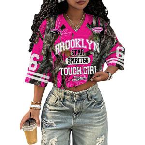 image:imageJersey Shirts for Women Number Print V Neck Mesh Cropped Jersey Y2k Oversized Tshirts StreetwearPink Graphic