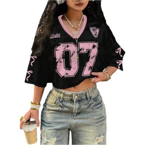 image:imageJersey Shirts for Women Number Print V Neck Mesh Cropped Jersey Y2k Oversized Tshirts StreetwearPink and Black