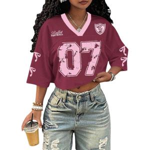 image:imageJersey Shirts for Women Number Print V Neck Mesh Cropped Jersey Y2k Oversized Tshirts StreetwearRed Pink