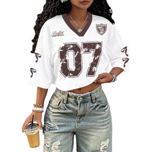 image:imageJersey Shirts for Women Number Print V Neck Mesh Cropped Jersey Y2k Oversized Tshirts StreetwearWhite Brown