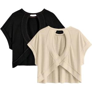 image:imageWomens 2 Packs Open Back Tops Criss Cross Cut Out Summer Casual T Shirt Crewneck Short Sleeve Backless TeeBeige Black
