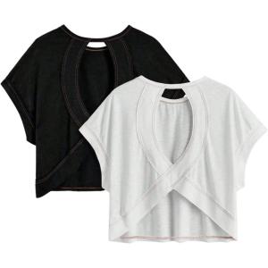 image:imageWomens 2 Packs Open Back Tops Criss Cross Cut Out Summer Casual T Shirt Crewneck Short Sleeve Backless TeeBlack and White