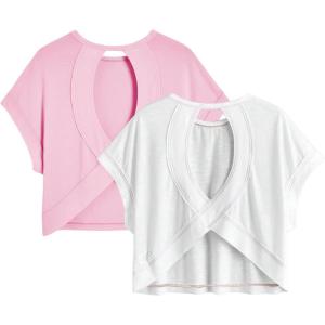 image:imageWomens 2 Packs Open Back Tops Criss Cross Cut Out Summer Casual T Shirt Crewneck Short Sleeve Backless TeeMulticolor