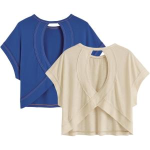 image:imageWomens 2 Packs Open Back Tops Criss Cross Cut Out Summer Casual T Shirt Crewneck Short Sleeve Backless TeeMulticolor Blue