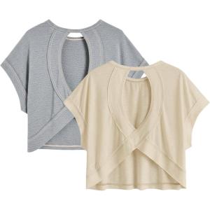 image:imageWomens 2 Packs Open Back Tops Criss Cross Cut Out Summer Casual T Shirt Crewneck Short Sleeve Backless TeeMulticolor Grey