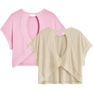 image:imageWomens 2 Packs Open Back Tops Criss Cross Cut Out Summer Casual T Shirt Crewneck Short Sleeve Backless TeeMulticolor Pink