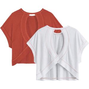 image:imageWomens 2 Packs Open Back Tops Criss Cross Cut Out Summer Casual T Shirt Crewneck Short Sleeve Backless TeePure Red and White