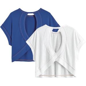 image:imageWomens 2 Packs Open Back Tops Criss Cross Cut Out Summer Casual T Shirt Crewneck Short Sleeve Backless TeeWhite and Blue