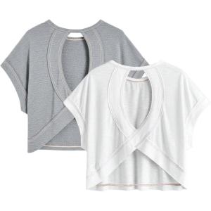 image:imageWomens 2 Packs Open Back Tops Criss Cross Cut Out Summer Casual T Shirt Crewneck Short Sleeve Backless TeeWhite and Grey