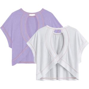 image:imageWomens 2 Packs Open Back Tops Criss Cross Cut Out Summer Casual T Shirt Crewneck Short Sleeve Backless TeeWhite and Purple