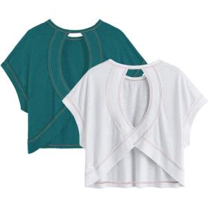 image:imageWomens 2 Packs Open Back Tops Criss Cross Cut Out Summer Casual T Shirt Crewneck Short Sleeve Backless TeeWhite and Water Blue