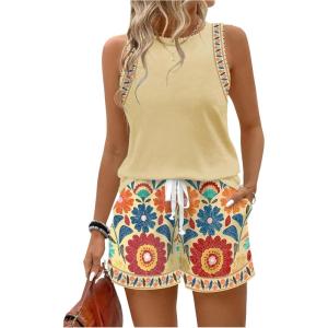image:imageWomens 2 Piece Beach Vacation Clothes Floral Tank Top and Shorts Set Tropical Summer OutfitsBeige