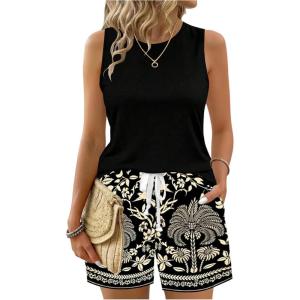 image:imageWomens 2 Piece Beach Vacation Clothes Floral Tank Top and Shorts Set Tropical Summer OutfitsBlack