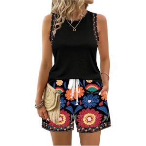 image:imageWomens 2 Piece Beach Vacation Clothes Floral Tank Top and Shorts Set Tropical Summer OutfitsBlack Pattern