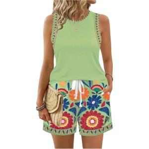 image:imageWomens 2 Piece Beach Vacation Clothes Floral Tank Top and Shorts Set Tropical Summer OutfitsGreen