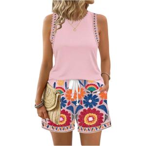 image:imageWomens 2 Piece Beach Vacation Clothes Floral Tank Top and Shorts Set Tropical Summer OutfitsPink