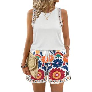 image:imageWomens 2 Piece Beach Vacation Clothes Floral Tank Top and Shorts Set Tropical Summer OutfitsSolid White