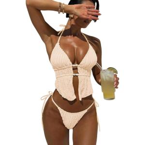image:imageWomens 2 Piece Beaded Tankini Sets Halter Swimsuits Textured Backless Tie Side Bathing SuitApricot