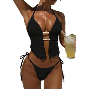 image:imageWomens 2 Piece Beaded Tankini Sets Halter Swimsuits Textured Backless Tie Side Bathing SuitBlack