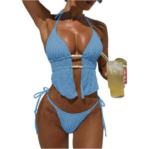 image:imageWomens 2 Piece Beaded Tankini Sets Halter Swimsuits Textured Backless Tie Side Bathing SuitBlue