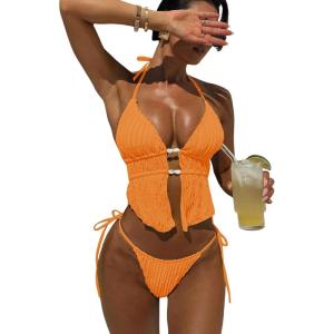 image:imageWomens 2 Piece Beaded Tankini Sets Halter Swimsuits Textured Backless Tie Side Bathing SuitBurnt Orange