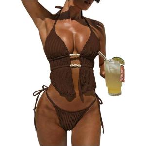 image:imageWomens 2 Piece Beaded Tankini Sets Halter Swimsuits Textured Backless Tie Side Bathing SuitCoffee Brown