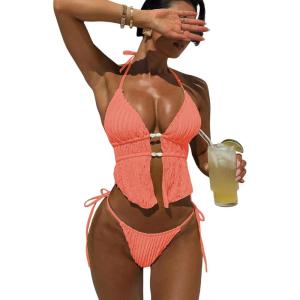 image:imageWomens 2 Piece Beaded Tankini Sets Halter Swimsuits Textured Backless Tie Side Bathing SuitCoral Orange