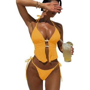 image:imageWomens 2 Piece Beaded Tankini Sets Halter Swimsuits Textured Backless Tie Side Bathing SuitDark Yellow
