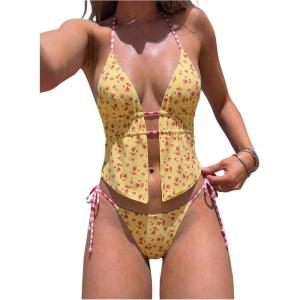 image:imageWomens 2 Piece Beaded Tankini Sets Halter Swimsuits Textured Backless Tie Side Bathing SuitFloral Yellow