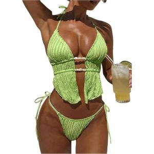 image:imageWomens 2 Piece Beaded Tankini Sets Halter Swimsuits Textured Backless Tie Side Bathing SuitGreen