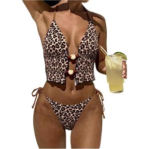 image:imageWomens 2 Piece Beaded Tankini Sets Halter Swimsuits Textured Backless Tie Side Bathing SuitLeopard Brown