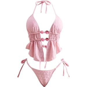 image:imageWomens 2 Piece Beaded Tankini Sets Halter Swimsuits Textured Backless Tie Side Bathing SuitLight Pink