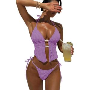 image:imageWomens 2 Piece Beaded Tankini Sets Halter Swimsuits Textured Backless Tie Side Bathing SuitMauve Purple