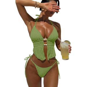 image:imageWomens 2 Piece Beaded Tankini Sets Halter Swimsuits Textured Backless Tie Side Bathing SuitMint Green