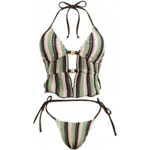 image:imageWomens 2 Piece Beaded Tankini Sets Halter Swimsuits Textured Backless Tie Side Bathing SuitOlive Green