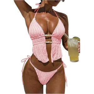 image:imageWomens 2 Piece Beaded Tankini Sets Halter Swimsuits Textured Backless Tie Side Bathing SuitPink
