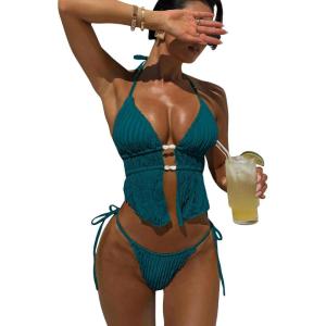 image:imageWomens 2 Piece Beaded Tankini Sets Halter Swimsuits Textured Backless Tie Side Bathing SuitRoyal Blue