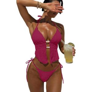 image:imageWomens 2 Piece Beaded Tankini Sets Halter Swimsuits Textured Backless Tie Side Bathing SuitWater Red