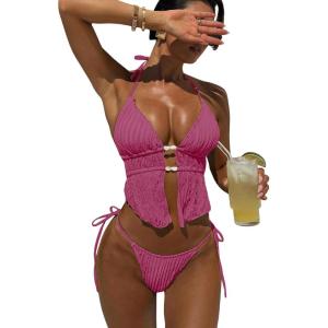 image:imageWomens 2 Piece Beaded Tankini Sets Halter Swimsuits Textured Backless Tie Side Bathing SuitWatermelon Pink