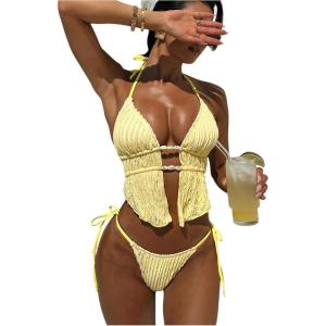 image:imageWomens 2 Piece Beaded Tankini Sets Halter Swimsuits Textured Backless Tie Side Bathing SuitYellow