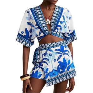 image:imageWomens 2 Piece Outfits Half Sleeve Crop Blouses and Wrap Skirts Set Boho Beach Vacation ClothesBlue