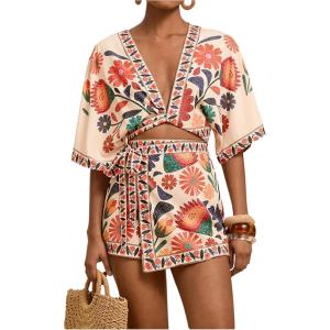 image:imageWomens 2 Piece Outfits Half Sleeve Crop Blouses and Wrap Skirts Set Boho Beach Vacation ClothesPink