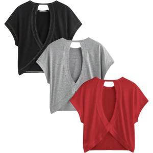 image:imageWomens 3 Packs Open Back Tops T Shirt Criss Cross Cut Out Tee Short Sleeve Crewneck Summer Backless TopsBlack Red Grey