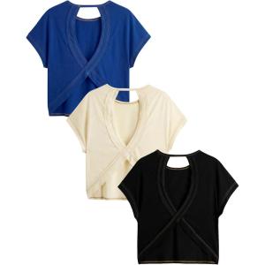 image:imageWomens 3 Packs Open Back Tops T Shirt Criss Cross Cut Out Tee Short Sleeve Crewneck Summer Backless TopsBlue Beige Black