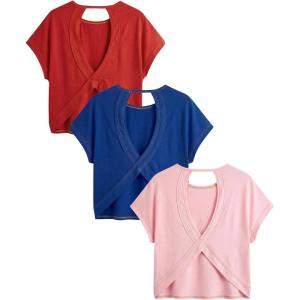 image:imageWomens 3 Packs Open Back Tops T Shirt Criss Cross Cut Out Tee Short Sleeve Crewneck Summer Backless TopsBlue Pink Red