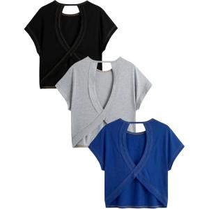 image:imageWomens 3 Packs Open Back Tops T Shirt Criss Cross Cut Out Tee Short Sleeve Crewneck Summer Backless TopsGrey Blue Black