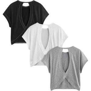 image:imageWomens 3 Packs Open Back Tops T Shirt Criss Cross Cut Out Tee Short Sleeve Crewneck Summer Backless TopsMulticolor