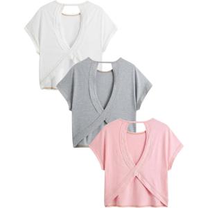 image:imageWomens 3 Packs Open Back Tops T Shirt Criss Cross Cut Out Tee Short Sleeve Crewneck Summer Backless TopsPink Grey White